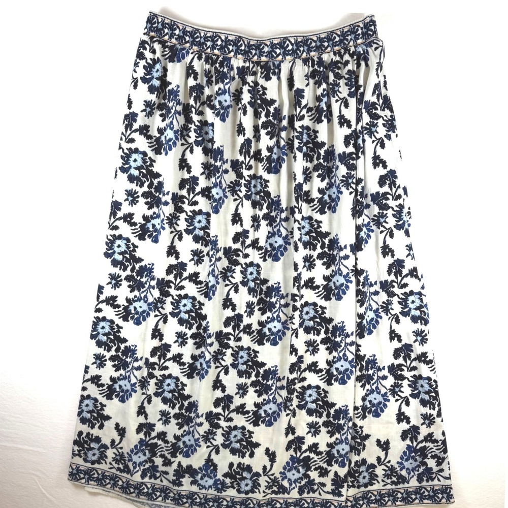 Max Studio Blue Floral Boho Smocked Waist Midi Skirt with Pockets White